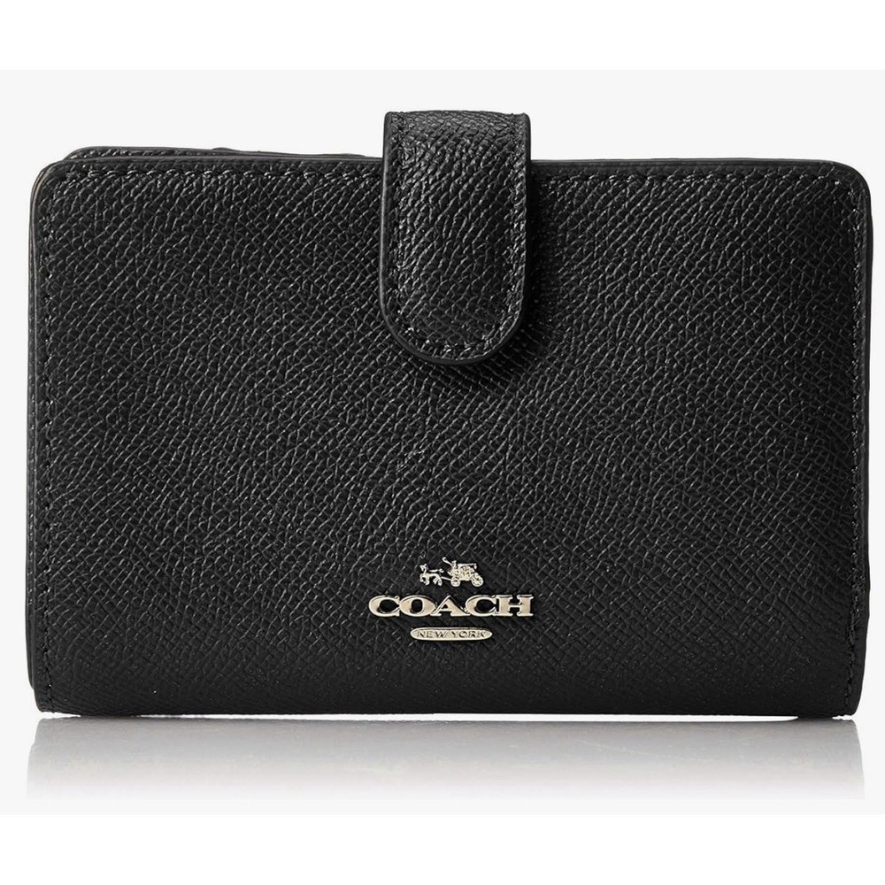 COACH Medium Wallet Compact Zipper Black Gold Hardware leather